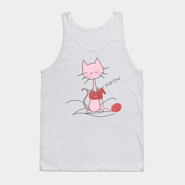 Pink Knitting Cat - White Tank Top by Design Fern